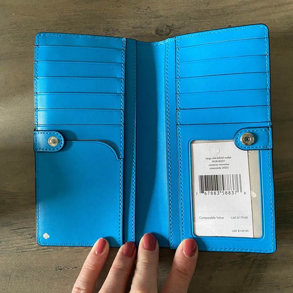 Kate Spade Large Slim Bifold Wallet Women OS Oceanside Blue Cameron Preppy Neon - Picture 6 of 8